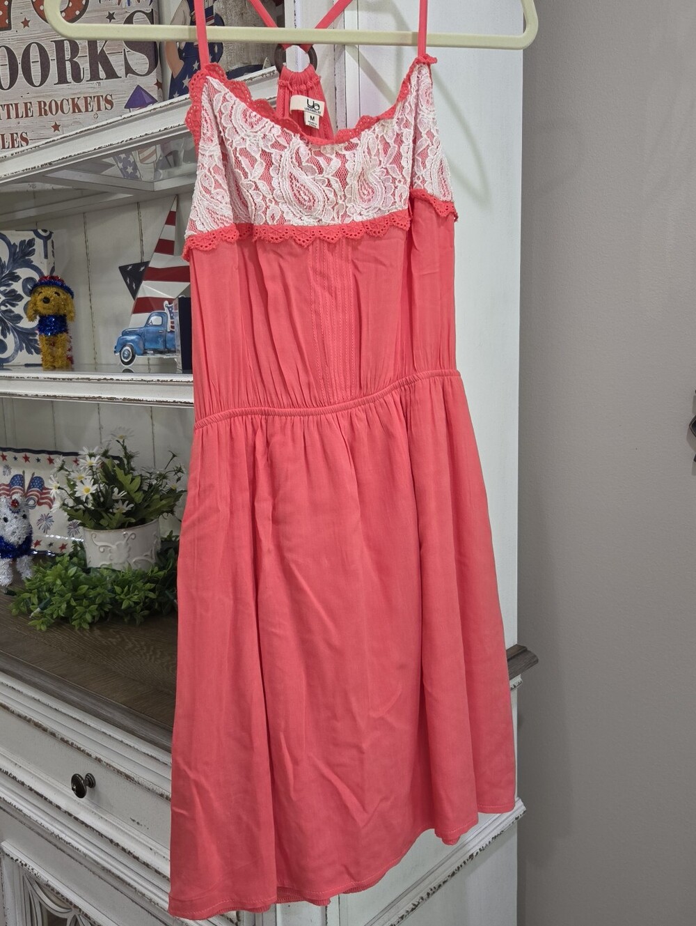 Ya Los Angeles Coral Pink Lace-Trim Spaghetti Strap Mini Dress